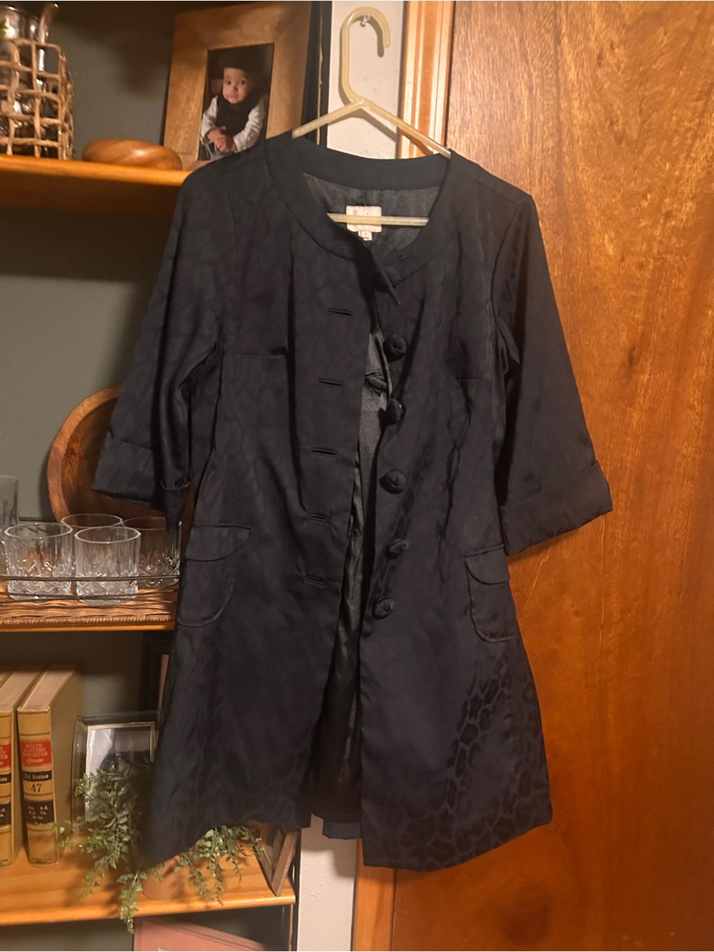 ECI Black Long Collarless Trench Coat with Subtle Pattern